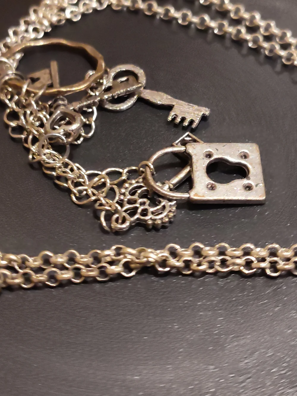 Silver Heart Key Charm Layered Necklace - Women Accessories